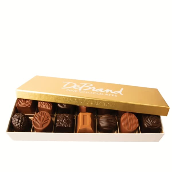 Box of assorted chocolates in a gold gift box