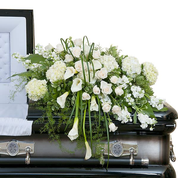 White and cream casket spray with roses, calla lilies, hydrangeas, and stock on a closed black casket