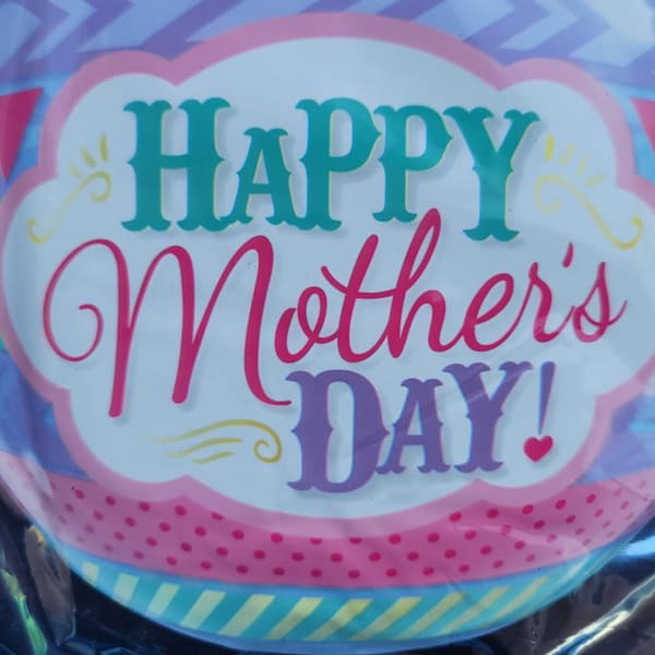 Round balloon with "Happy Mother's Day" text in pink, teal, and purple