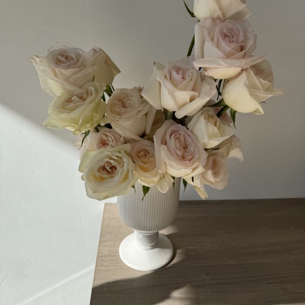 Cream roses arranged in a white pedestal vase