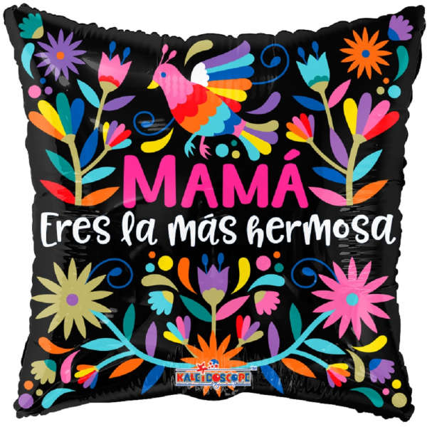 Black balloon with colorful floral graphics and Spanish text for mom