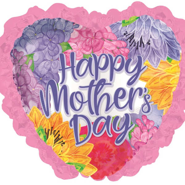 Heart-shaped pink balloon with "Happy Mother's Day" text and floral print