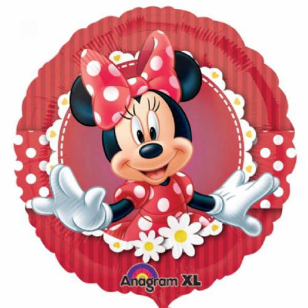 Minnie Mouse-shaped red polka dot balloon with daisies