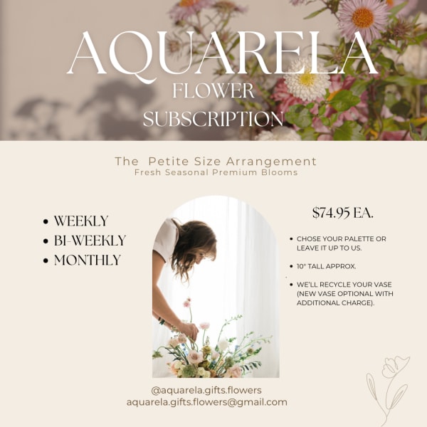 Flower subscription ad with a woman arranging pastel blooms