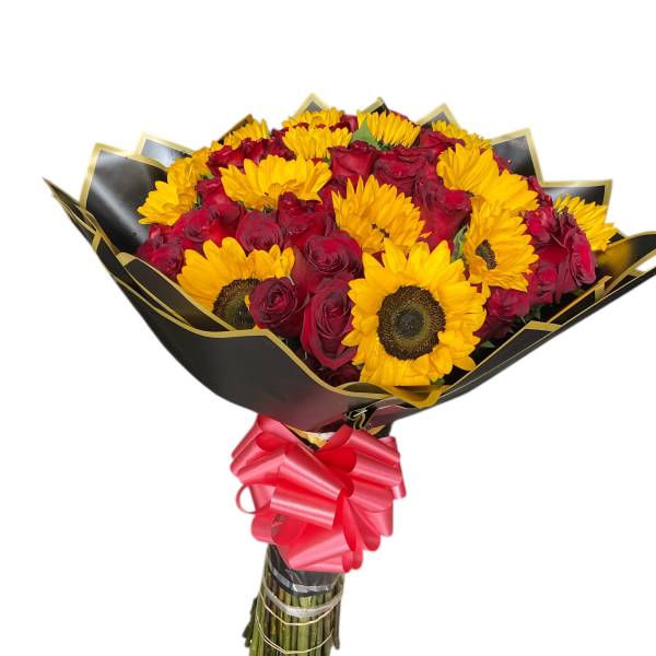 Bouquet of red roses and yellow sunflowers wrapped in black paper with a pink bow