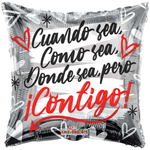 Silver heart-patterned balloon with Spanish text and red accents