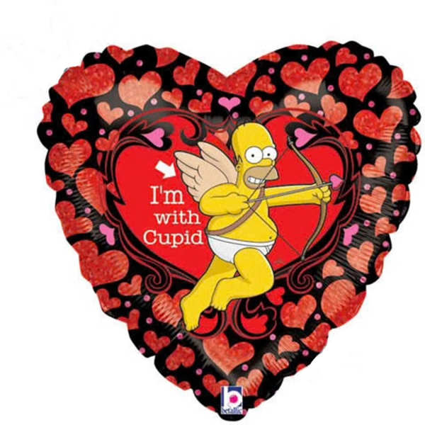 Heart-shaped foil balloon with Cupid and red hearts