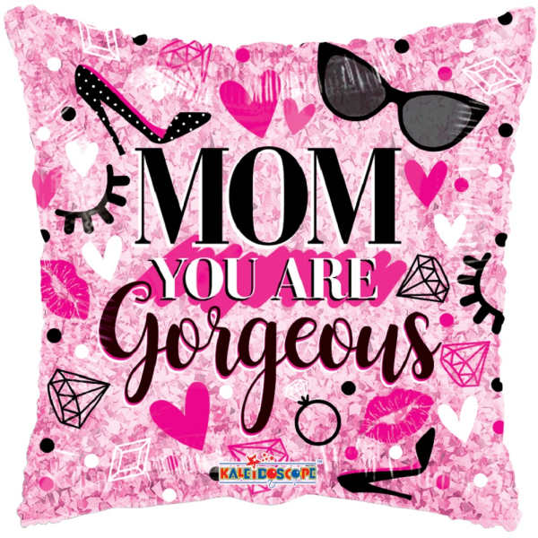 Pink decorative pillow with "Mom You Are Gorgeous" text and fashion icons