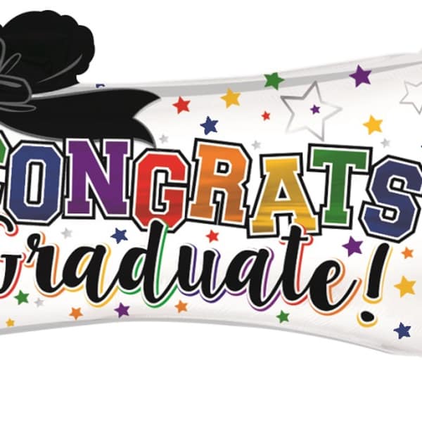 Graduation-themed balloon with "Congrats Graduate!" text and stars