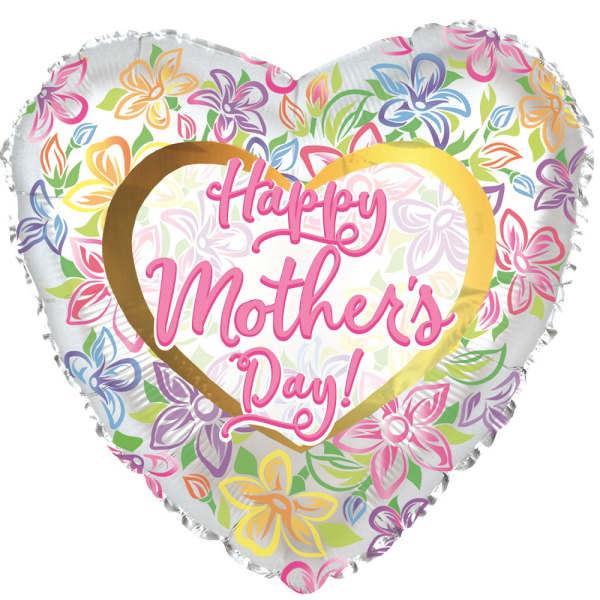 Heart-shaped foil balloon with "Happy Mother's Day" text and floral pattern