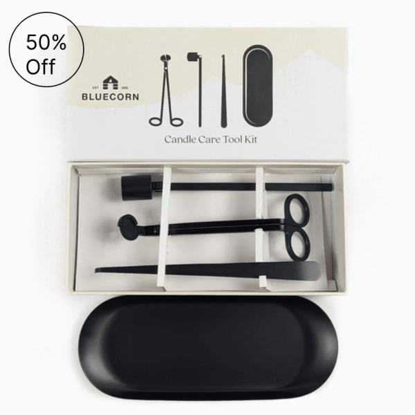 Candle care tool kit in a box with black tools and tray