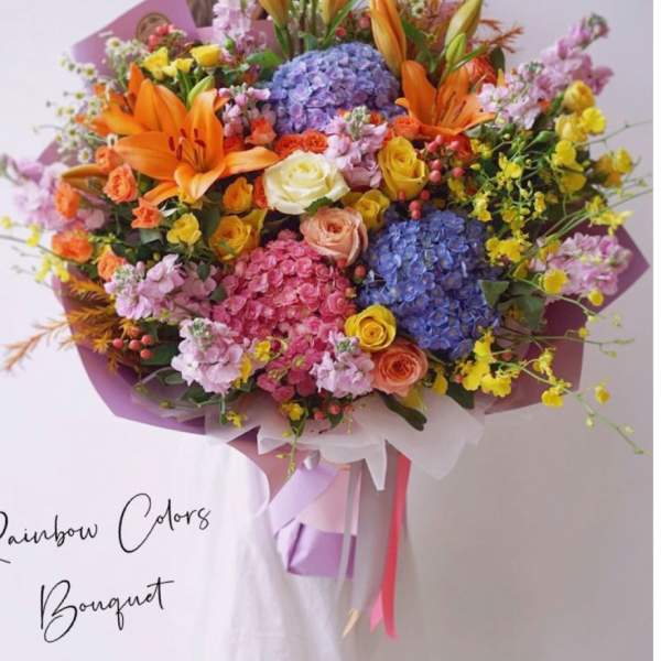 Large multicolor bouquet with lilies, roses, and hydrangeas