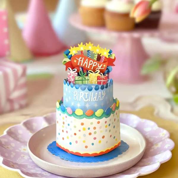 Tiered birthday cake with colorful decorations and a "Happy Birthday" topper