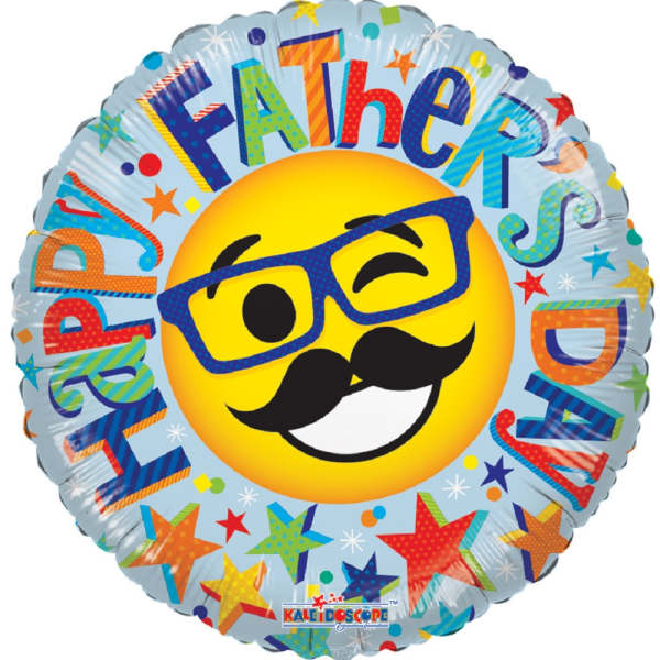 Round foil balloon with a winking face and the words Happy Father's Day