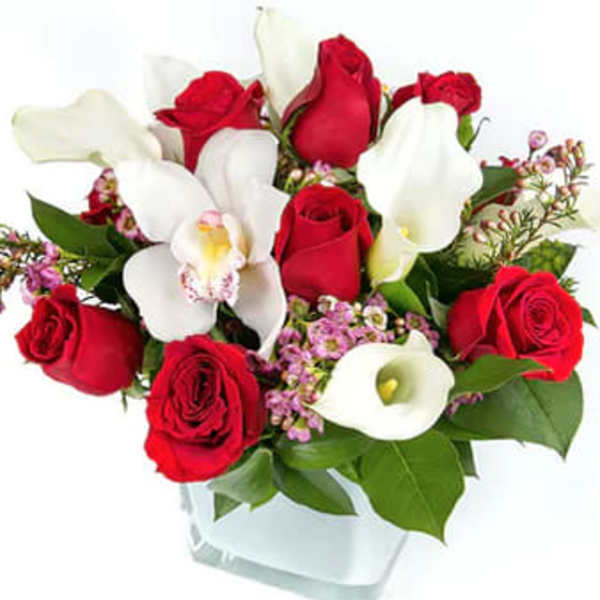 Red roses and white calla lilies in a clear glass vase