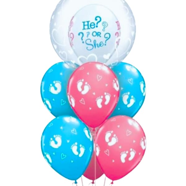 Cluster of baby shower balloons in blue, pink, and white