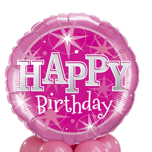 Pink birthday balloon bouquet with a large "HAPPY Birthday" foil balloon