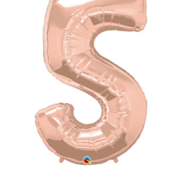 Rose gold foil balloon shaped like the number 5