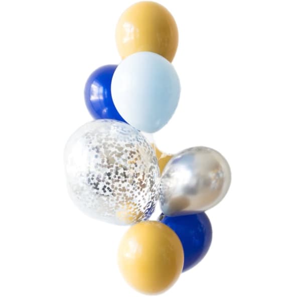 Cluster of blue, gold, silver, and clear balloons