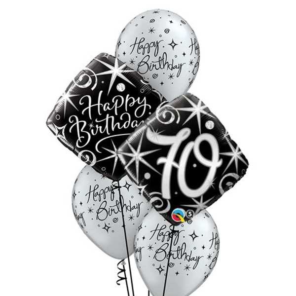 Cluster of birthday balloons with a large "70" balloon