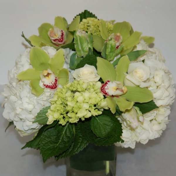 Bouquet of green orchids, white hydrangeas, and white roses in a glass vase