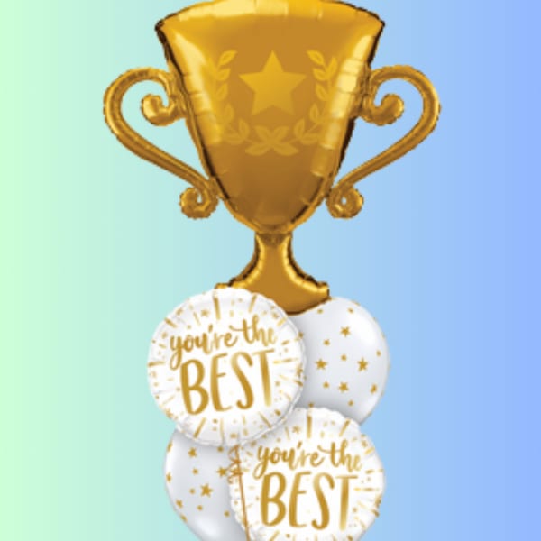 Gold trophy balloon above white balloons with gold text and stars