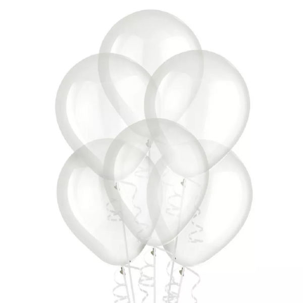 Cluster of translucent white balloons with curling ribbons