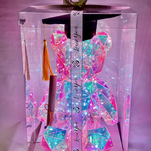 Clear gift box with a glowing teddy bear and graduation cap