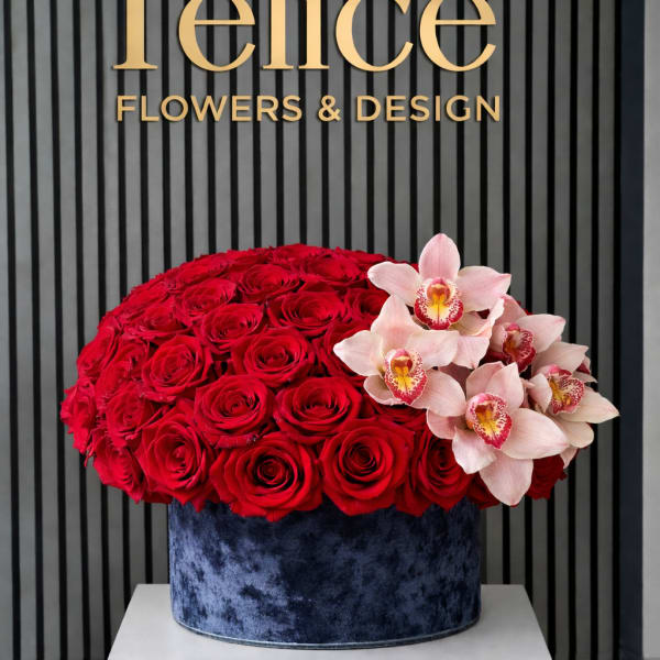 Red roses and pale pink orchids arranged in a blue velvet box