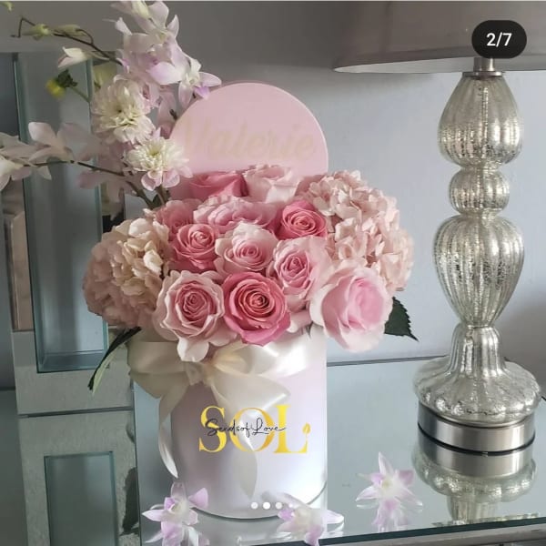 Pink roses and pale hydrangeas in a white hatbox with a satin ribbon