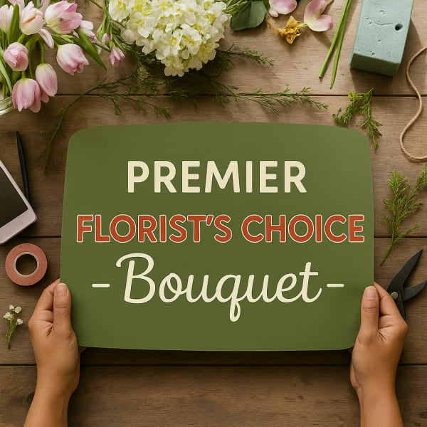 Hands holding a sign that reads Premier Florist's Choice Bouquet