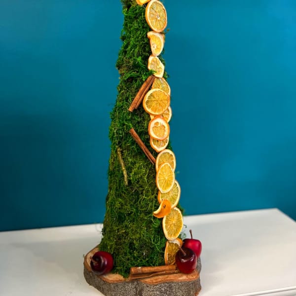 Moss-covered cone decorated with dried citrus slices and cinnamon sticks