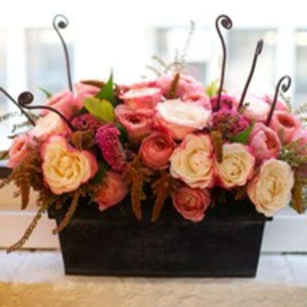 Pink and cream rose arrangement in a black rectangular container