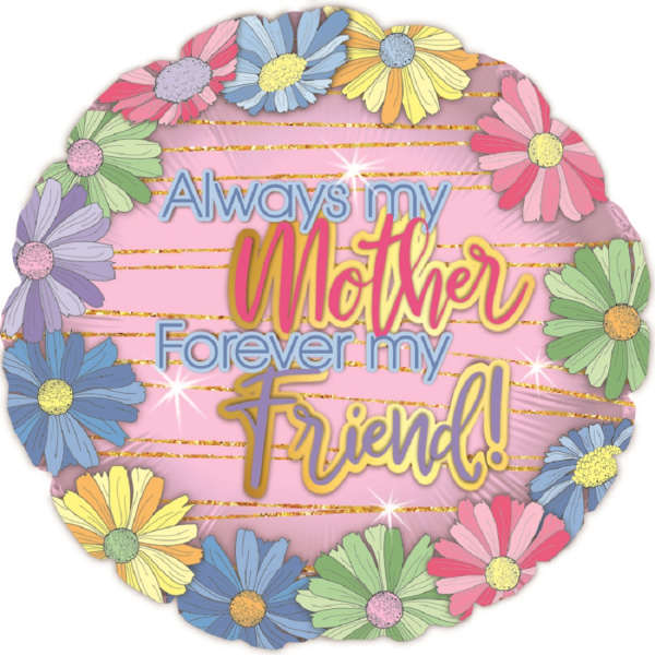 Round pink sign with colorful daisies and Mother's Day text