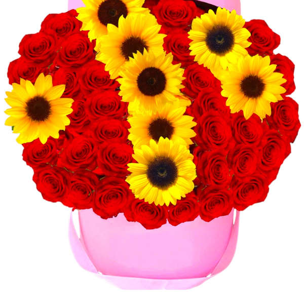 Red roses and yellow sunflowers arranged in a pink box
