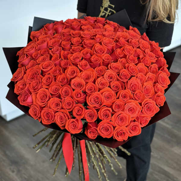 Large bouquet of red roses wrapped in black paper with a red ribbon