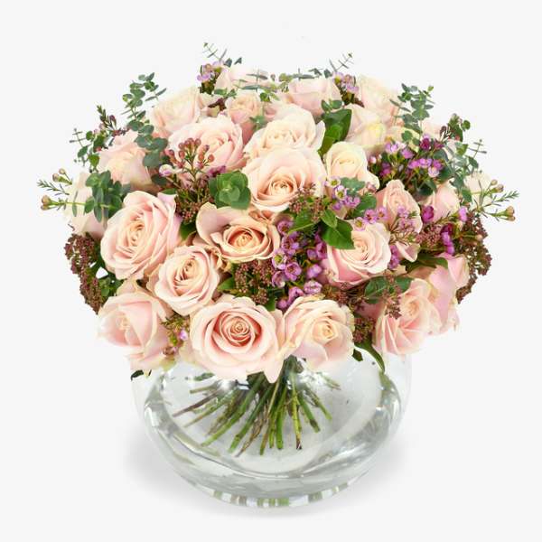 Blush pink roses arranged in a clear glass vase