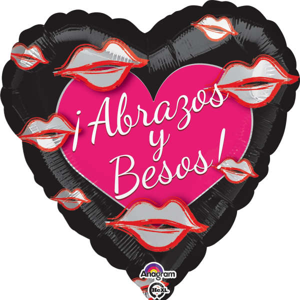 Heart-shaped black balloon with pink center and kiss graphics