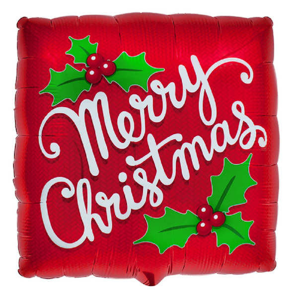 Red square balloon with "Merry Christmas" text and holly decorations