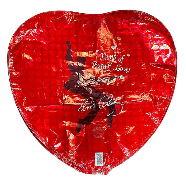 Heart-shaped red foil balloon with an Elvis Presley graphic and text