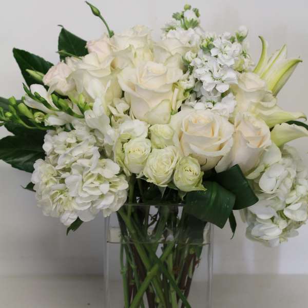 White roses and hydrangeas arranged in a clear glass vase