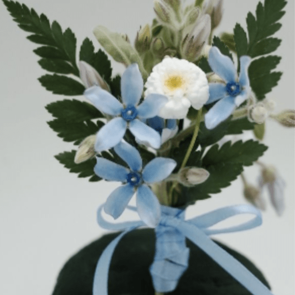 Small boutonniere with blue and white flowers and a light blue ribbon