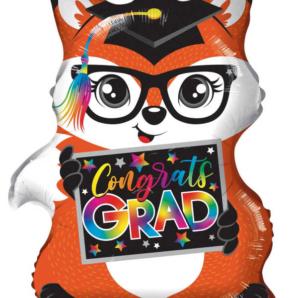 Fox-shaped graduation balloon holding a colorful "Congrats Grad" sign