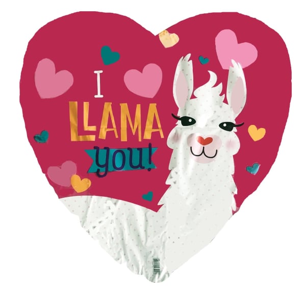 Heart-shaped llama foil balloon with "I LAMA you!" text