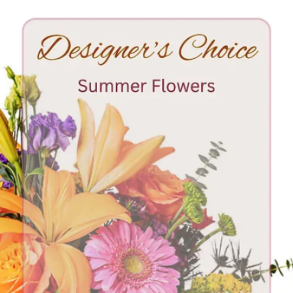 Designer’s Choice summer flowers with mixed blooms in orange, pink, and purple