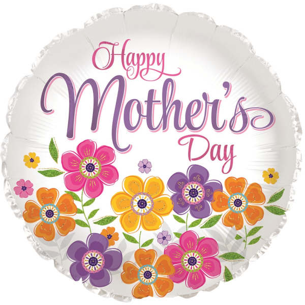 Round foil balloon reading Happy Mother's Day with colorful flowers