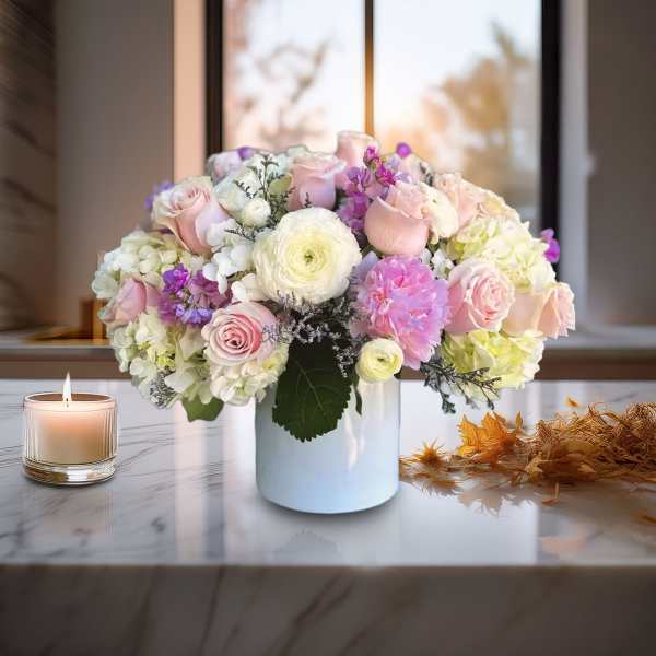 Pink and white flower arrangement in a white vase beside a candle