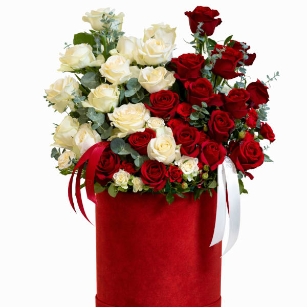 Red and white roses arranged in a tall red box