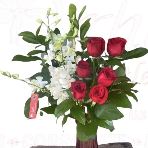 Red roses and white orchids in a tall burgundy vase