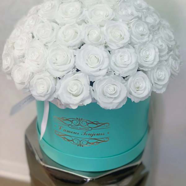 White rose bouquet in a turquoise hat box with a ribbon